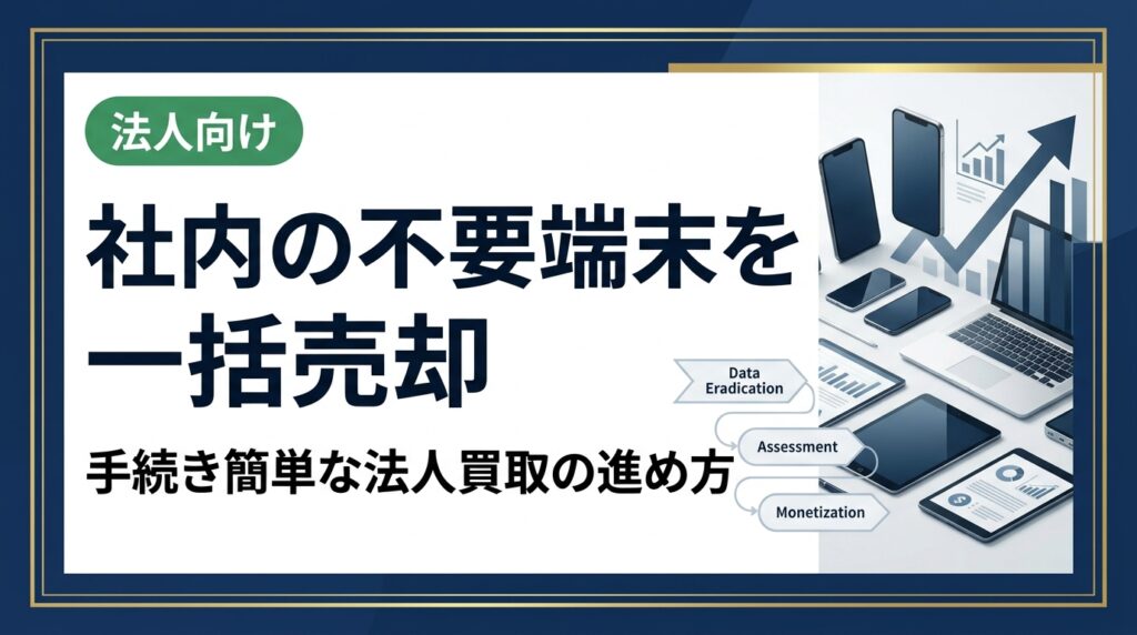 社内に眠る不要スマホ・PCを一括売却したい法人担当者へ。手続きが簡単な業者の選び方から、データ消去・査定・現金化までの実務フローを具体的に解説します。