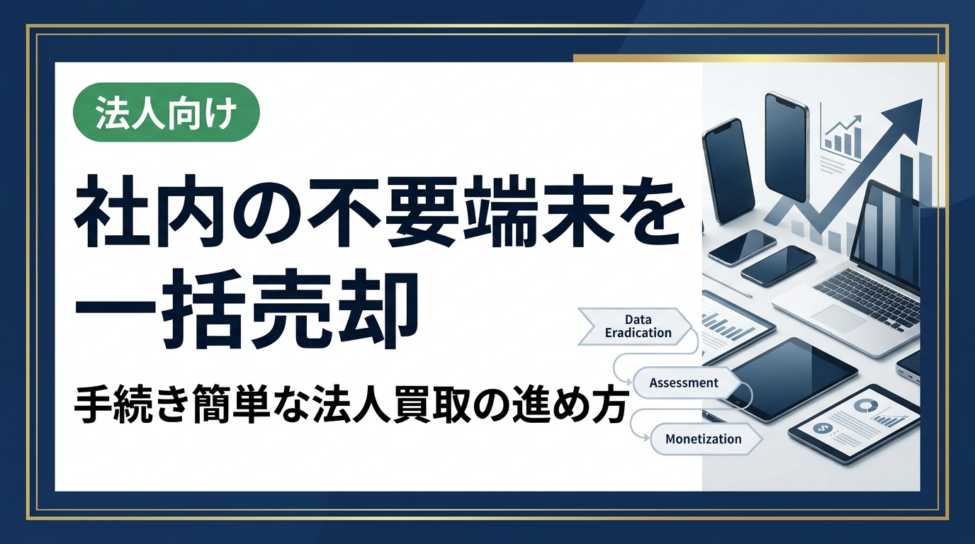 社内に眠る不要スマホ・PCを一括売却したい法人担当者へ。手続きが簡単な業者の選び方から、データ消去・査定・現金化までの実務フローを具体的に解説します。