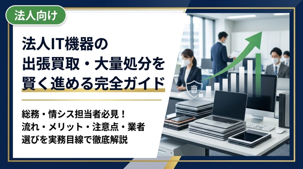 法人のIT機器を大量に処分したい総務・情シス担当者向けに、出張買取の流れ・メリット・注意点・業者選びのポイントを実務目線で徹底解説します。