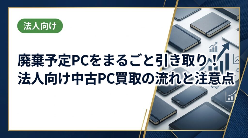 廃棄予定のPCを法人でまとめて処分したい担当者必見。まるごと引き取りサービスの流れ・費用・データ消去・買取金額アップのコツを実務目線で解説します。