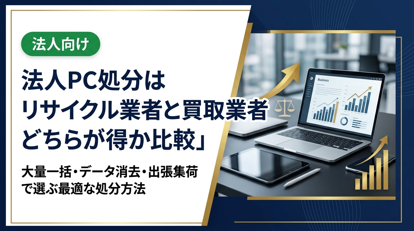 法人PCの処分方法を「リサイクル業者」「買取業者」「フリマ・オークション」など主要な選択肢を比較。大量一括・データ消去証明書・出張集荷など法人ニーズの軸で違いを解説します。