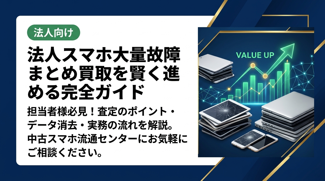 法人スマホが大量に故障してお困りの担当者様へ。まとめ買取の流れ・査定のポイント・データ消去対応まで実務目線で解説します。中古スマホ流通センターへお気軽にご相談ください。