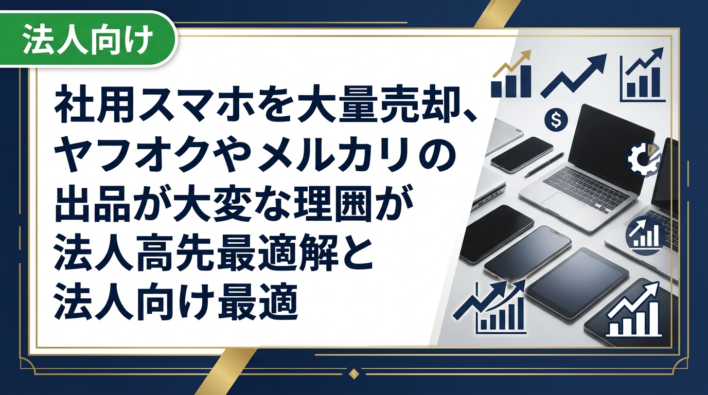 社用スマホを大量にヤフオク・メルカリへ出品しようとしたら手間が膨大に。法人ならではの課題（データ消去・古物商・大量一括・請求書払い）を整理し、法人特化買取との比較を解説します。