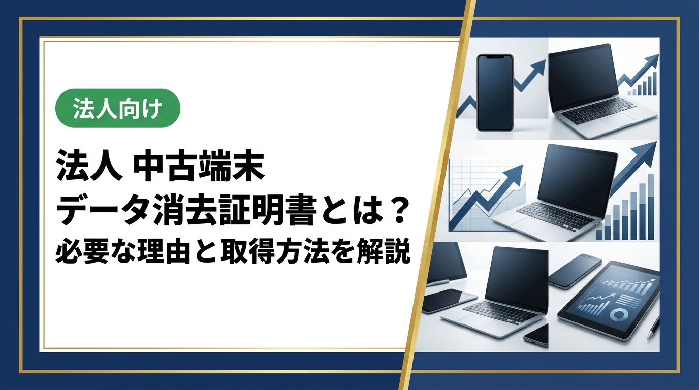 法人が中古端末を売却・処分する際に必要なデータ消去証明書とは何か。発行の仕組み、法的根拠、選び方のポイントまで総務・情シス担当者向けに実務的に解説します。