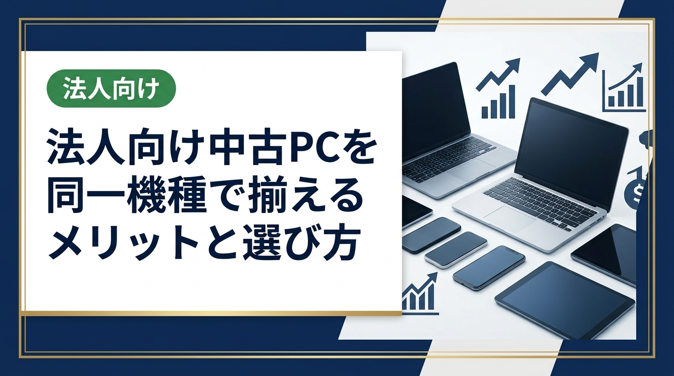 法人で中古PCを同一機種に揃えると運用・管理が大幅に効率化します。キッティングや故障対応のコスト削減、調達の注意点、購入の流れまで実務目線で解説します。