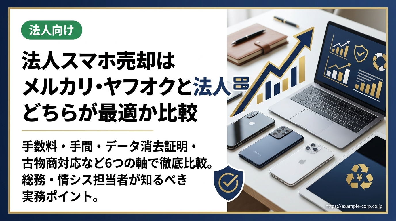 法人でスマホを売却する際、メルカリ・ヤフオクと法人専門買取を手数料・手間・データ消去証明・古物商対応など6つの軸で徹底比較。総務・情シス担当者が知るべき実務ポイントをわかりやすく解説します。