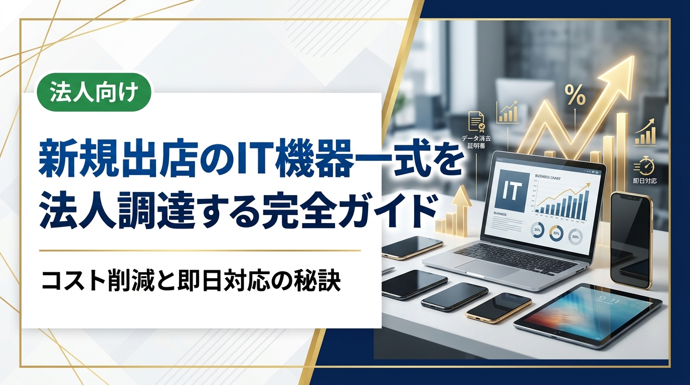 新規出店に必要なIT機器一式を法人調達する方法を徹底解説。中古スマホ・PC・iPadの一括購入でコストを抑えつつ、データ消去証明書発行や即日対応など安心の調達フローを紹介します。