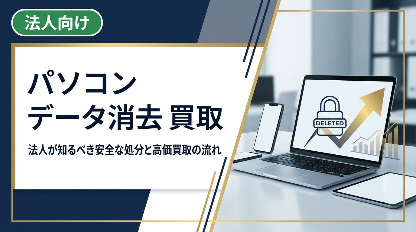 法人のパソコン処分で「データ消去と買取を同時に依頼したい」方へ。安全なデータ消去方法・証明書の重要性・買取価格を下げないコツまで実務視点で解説します。