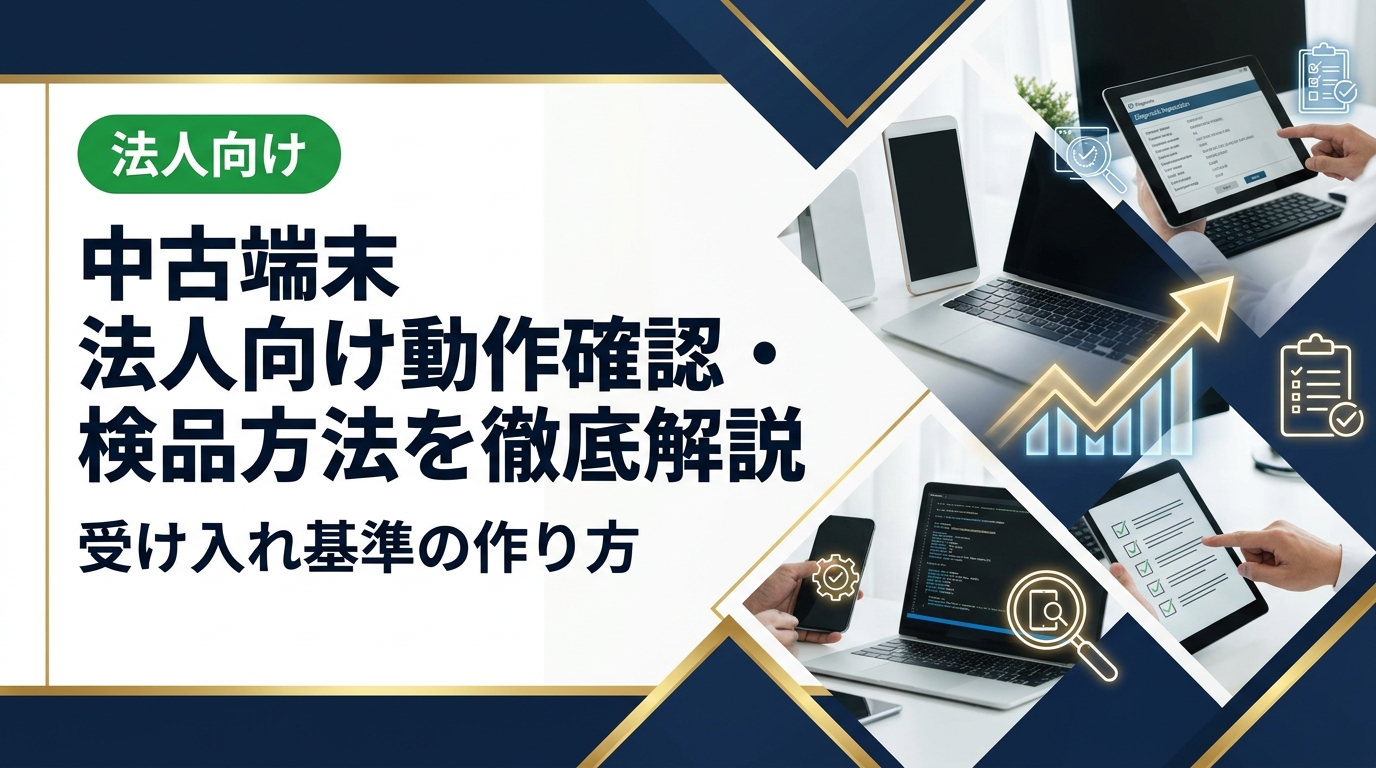 法人が中古スマホ・PCを一括導入する際の動作確認・検品方法を実務目線で解説。チェック項目の優先順位から受け入れ基準書の作成手順まで、総務・情シス担当者が即使えるノウハウをまとめました。