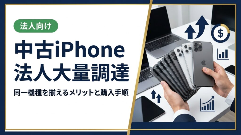 法人が中古iPhoneを大量・同一機種で調達するメリット、選び方、コスト削減額の目安、データ消去証明、納品後の管理まで実務担当者向けに解説します。