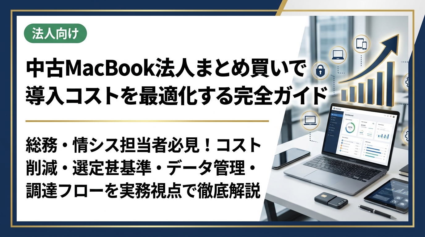 法人での中古MacBook一括導入を検討中の総務・情シス担当者向けに、コスト削減の仕組み・選定基準・データ管理・調達フローを実務視点で徹底解説します。