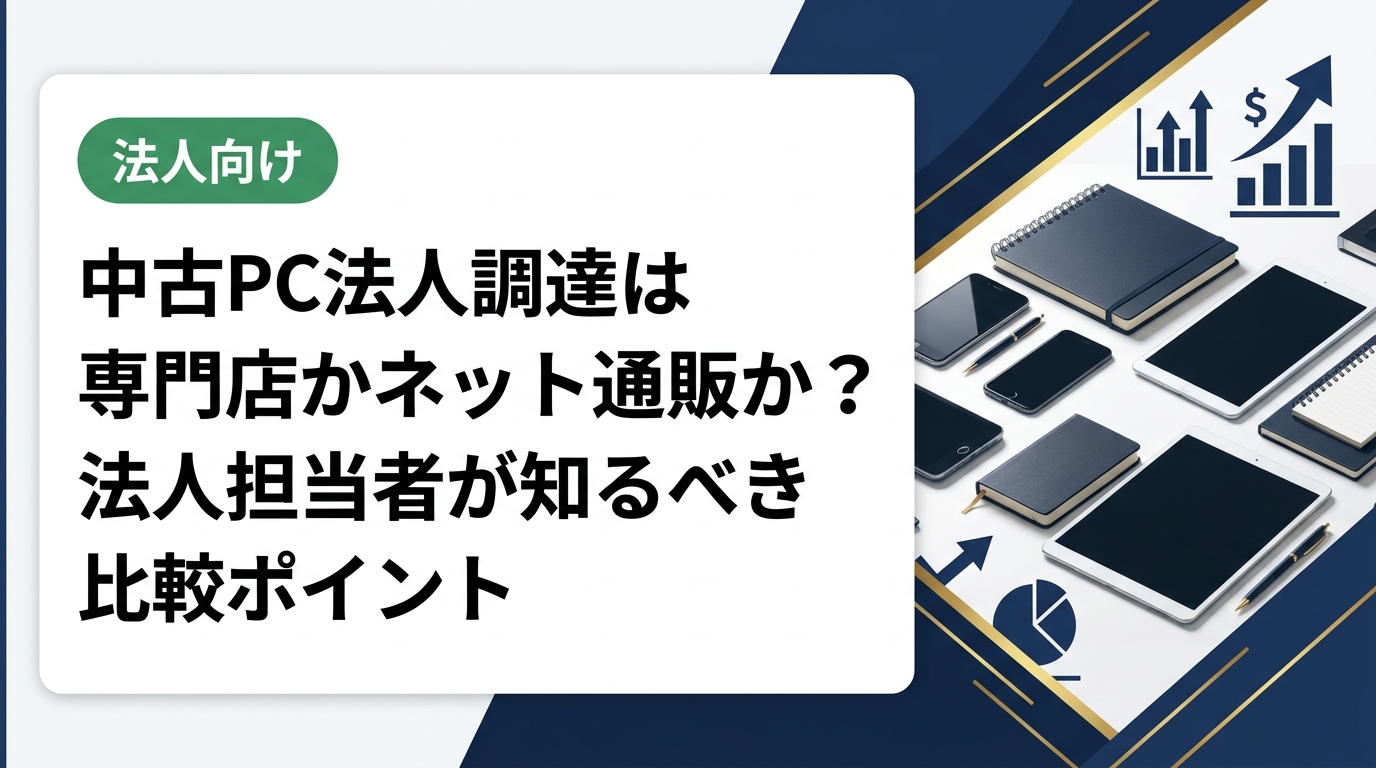 中古PCの法人調達で専門店とネット通販（フリマ・オークション含む）を徹底比較。大量一括・請求書払い・データ消去証明書など法人ニーズ別に選び方を解説します。