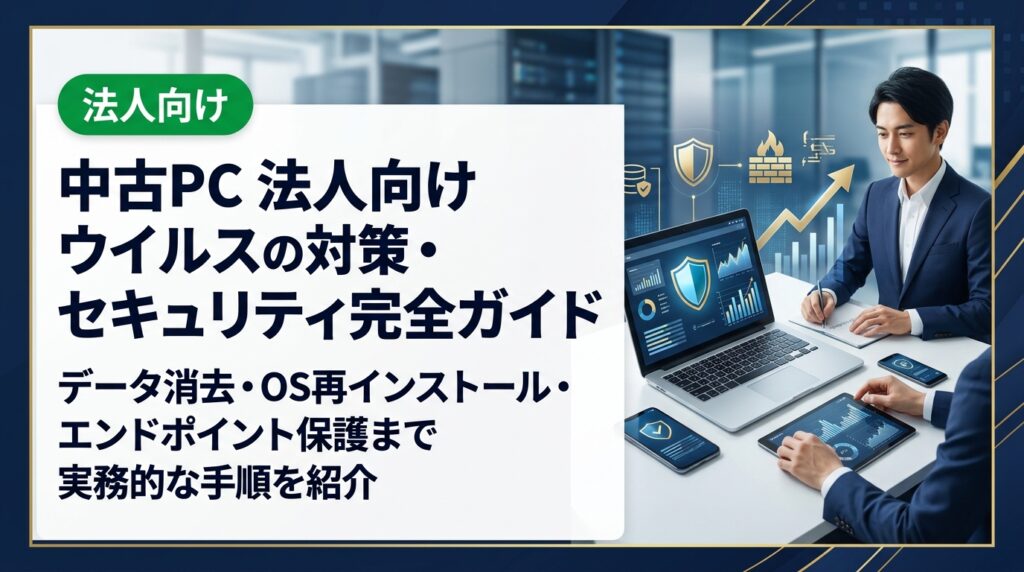 法人で中古PCを導入・売却する際のウイルス対策とセキュリティリスクを徹底解説。データ消去・OS再インストール・エンドポイント保護まで実務的な手順を紹介します。