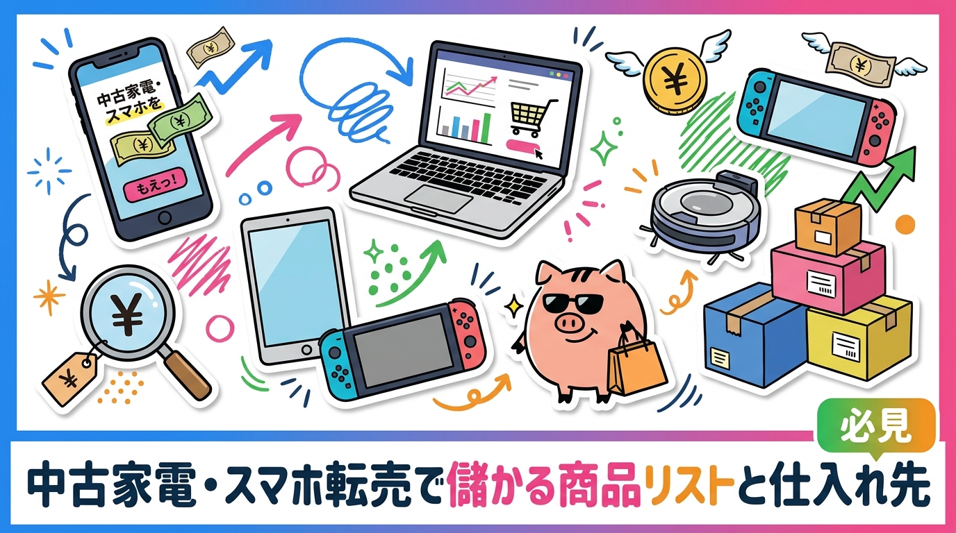 中古家電・スマホの転売で狙うべきジャンルと仕入れ先を実務目線で解説。需要・利益幅・リスクを3軸で比較し、古物商許可や失敗パターンも正直に紹介します。