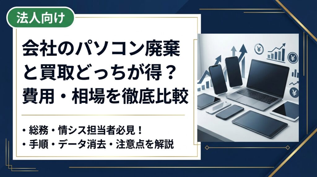 法人のPC処分は「廃棄費用を払う」か「買取で現金化」かで大きく差が出ます。費用相場・手順・データ消去・注意点を総務・情シス担当者向けに実務的に解説します。