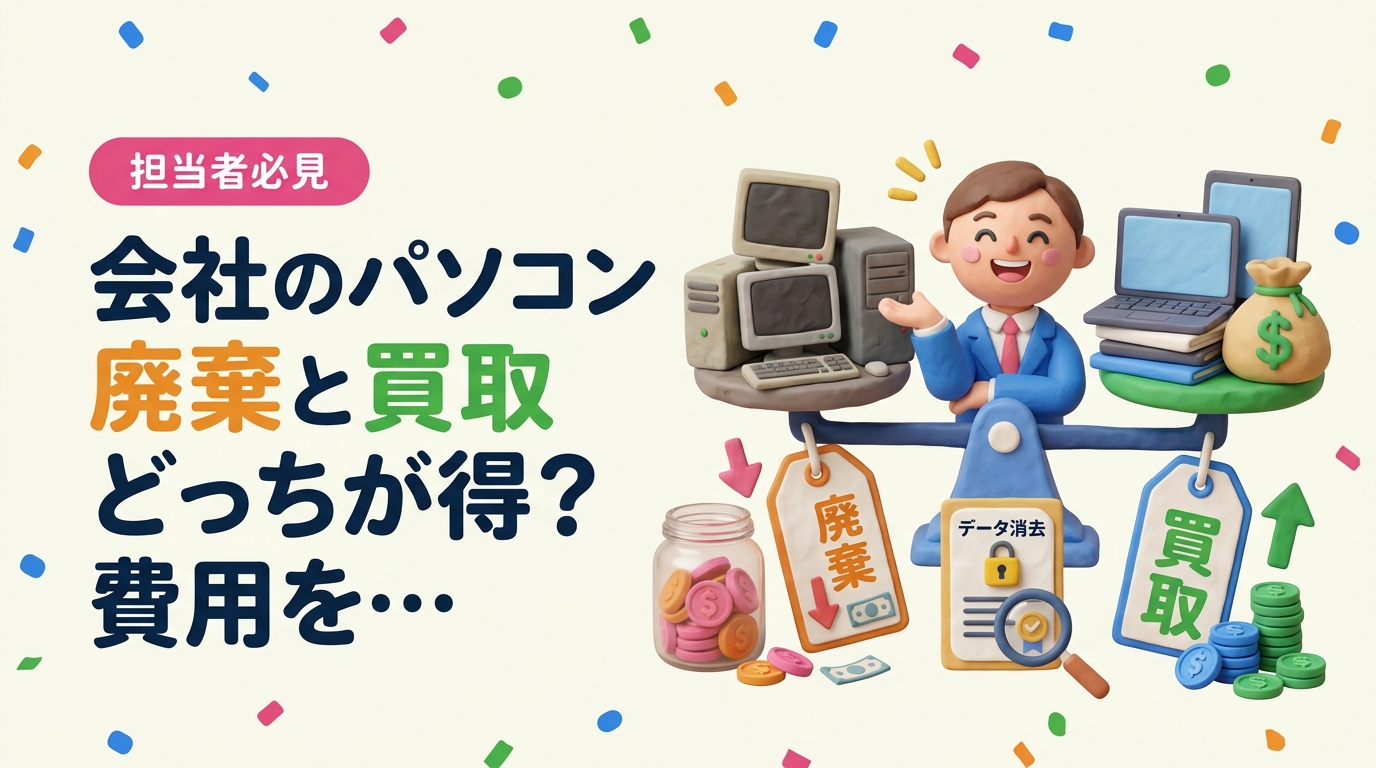 会社のパソコンを廃棄するか買取に出すか迷っている総務・経理担当者向けに、PCリサイクル費用・産廃費用と売却益をコスト比較表で解説。データ消去証明書の重要性も詳しく紹介します。