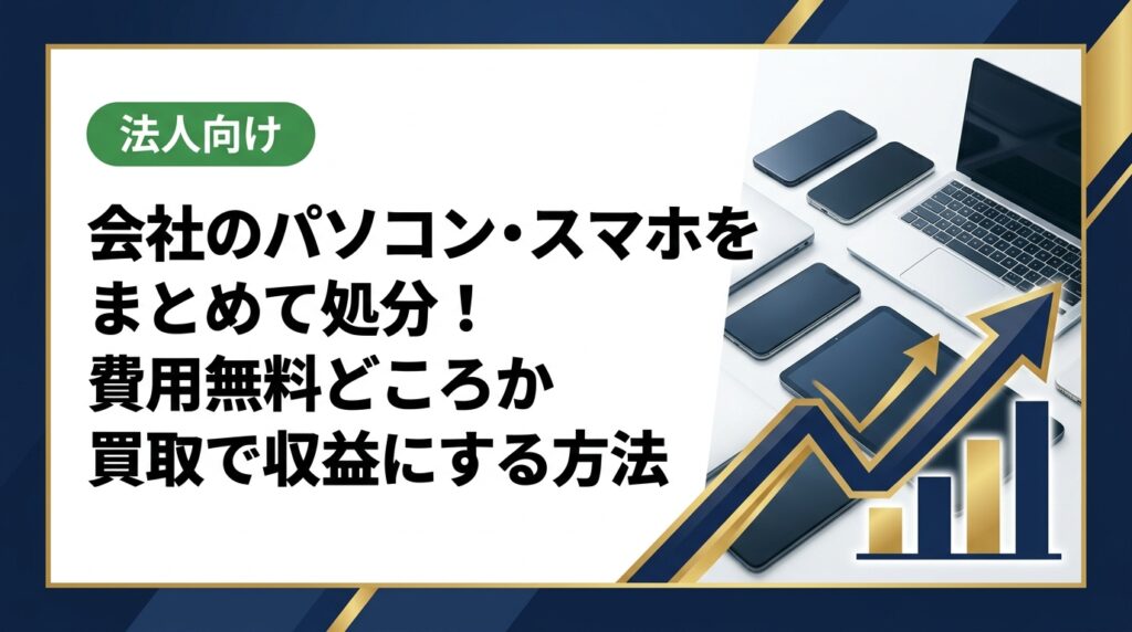 会社のパソコン・スマホをまとめて処分する費用は、買取を活用すれば無料どころかゼロコストで収益になるケースがあります。法人専門の中古スマホ流通センターがデータ消去証明書付きで最短即日対応。