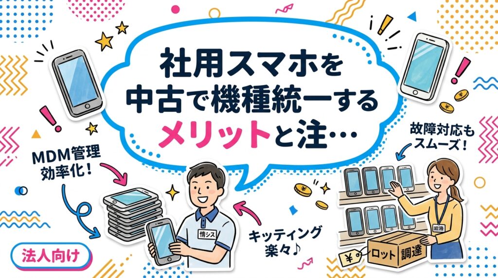 社用スマホを中古端末で機種統一すると、MDM管理・キッティング・故障対応が大幅に効率化できます。在庫確保の注意点やロット単位での調達方法も含め、情シス・総務担当者が知っておくべき実務ポイントを解説します。