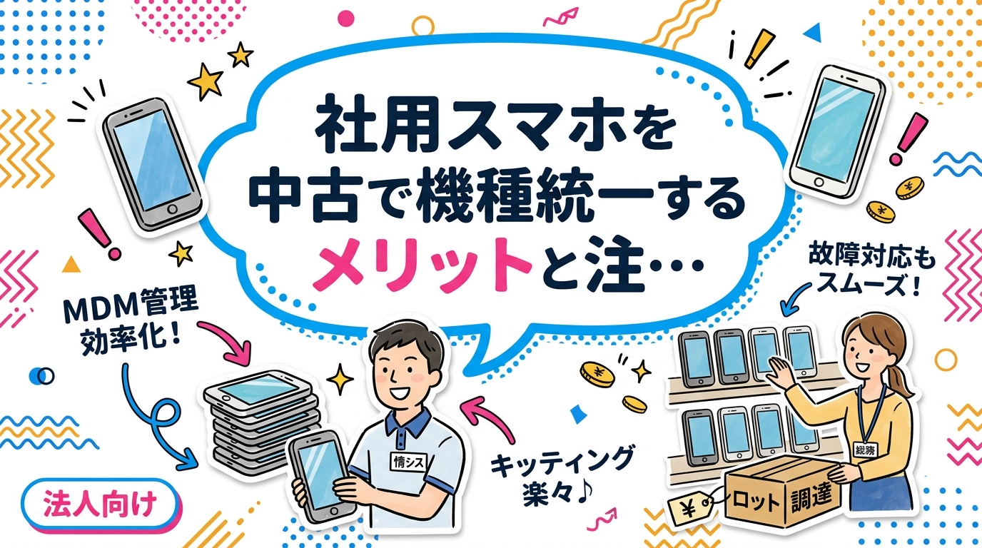 社用スマホを中古端末で機種統一すると、MDM管理・キッティング・故障対応が大幅に効率化できます。在庫確保の注意点やロット単位での調達方法も含め、情シス・総務担当者が知っておくべき実務ポイントを解説します。