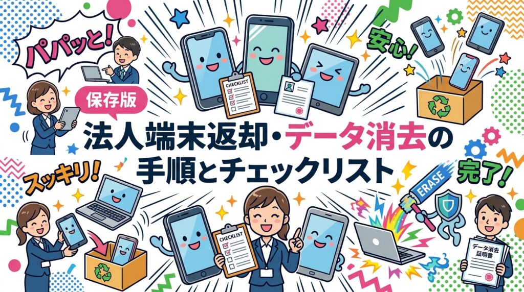 退職・異動時の法人端末返却からデータ消去・売却・廃棄までの手順をチェックリスト形式で解説。自社消去と専門業者委託の違い、データ消去証明書の重要性も詳しく説明します。