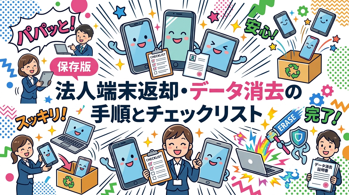 退職・異動時の法人端末返却からデータ消去・売却・廃棄までの手順をチェックリスト形式で解説。自社消去と専門業者委託の違い、データ消去証明書の重要性も詳しく説明します。