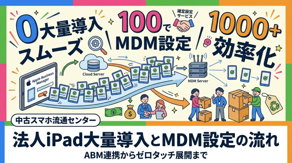 法人でiPadを大量導入する際のMDM設定手順を情シス担当向けに解説。Apple Business ManagerとMDM連携によるゼロタッチ展開、中古iPadのABM対応可否、キッティング代行サービスまで網羅。