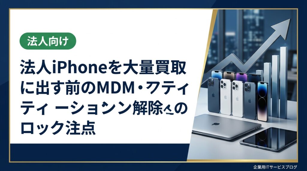 法人iPhoneを大量売却する前に必須のMDM解除・アクティベーションロック解除・データ消去の手順と注意点を総務・情シス担当者向けに実務的に解説します。解除漏れによる買取不可リスクも説明。