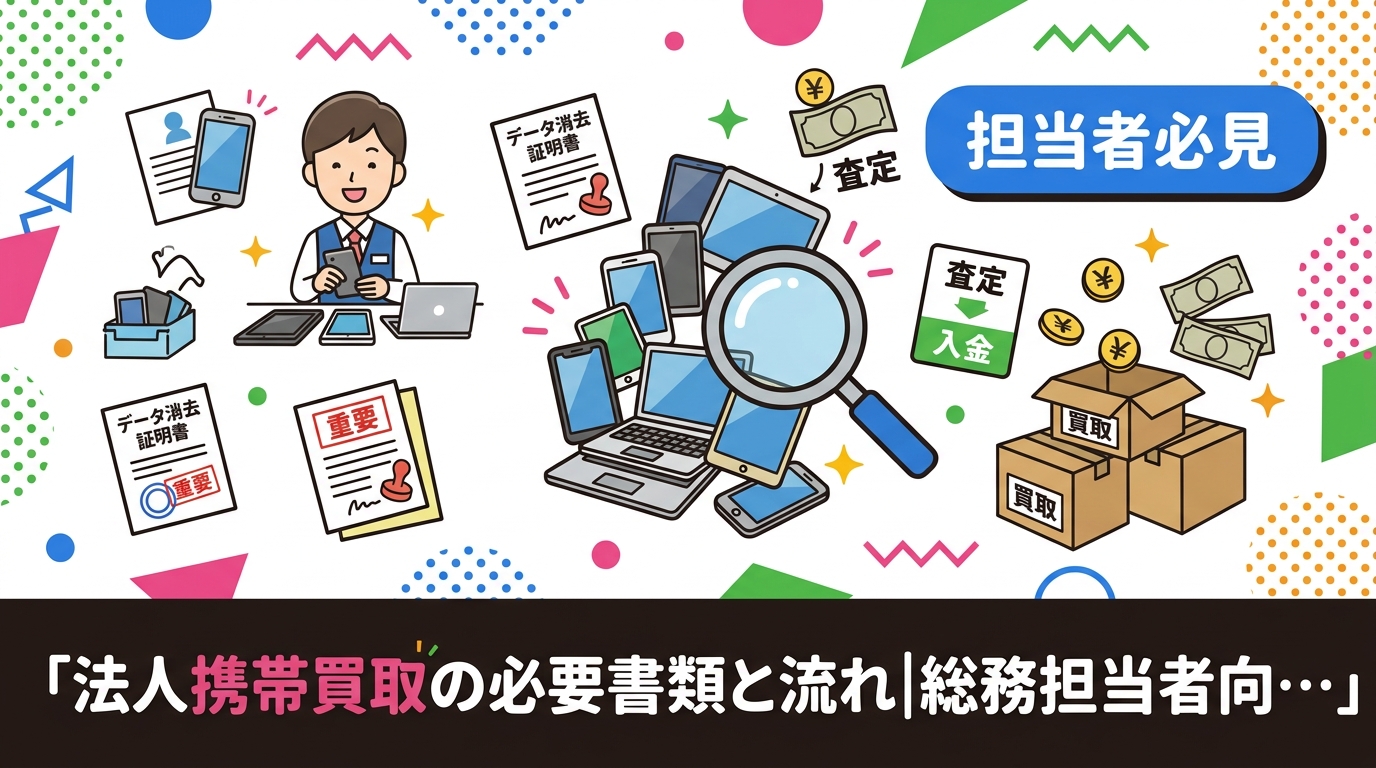 法人名義の社用携帯を一括売却する際に必要な書類と手続きの流れを総務担当者向けに解説。申込から査定・データ消去証明書の発行・入金まで最短即日対応の手順をステップ形式で紹介します。