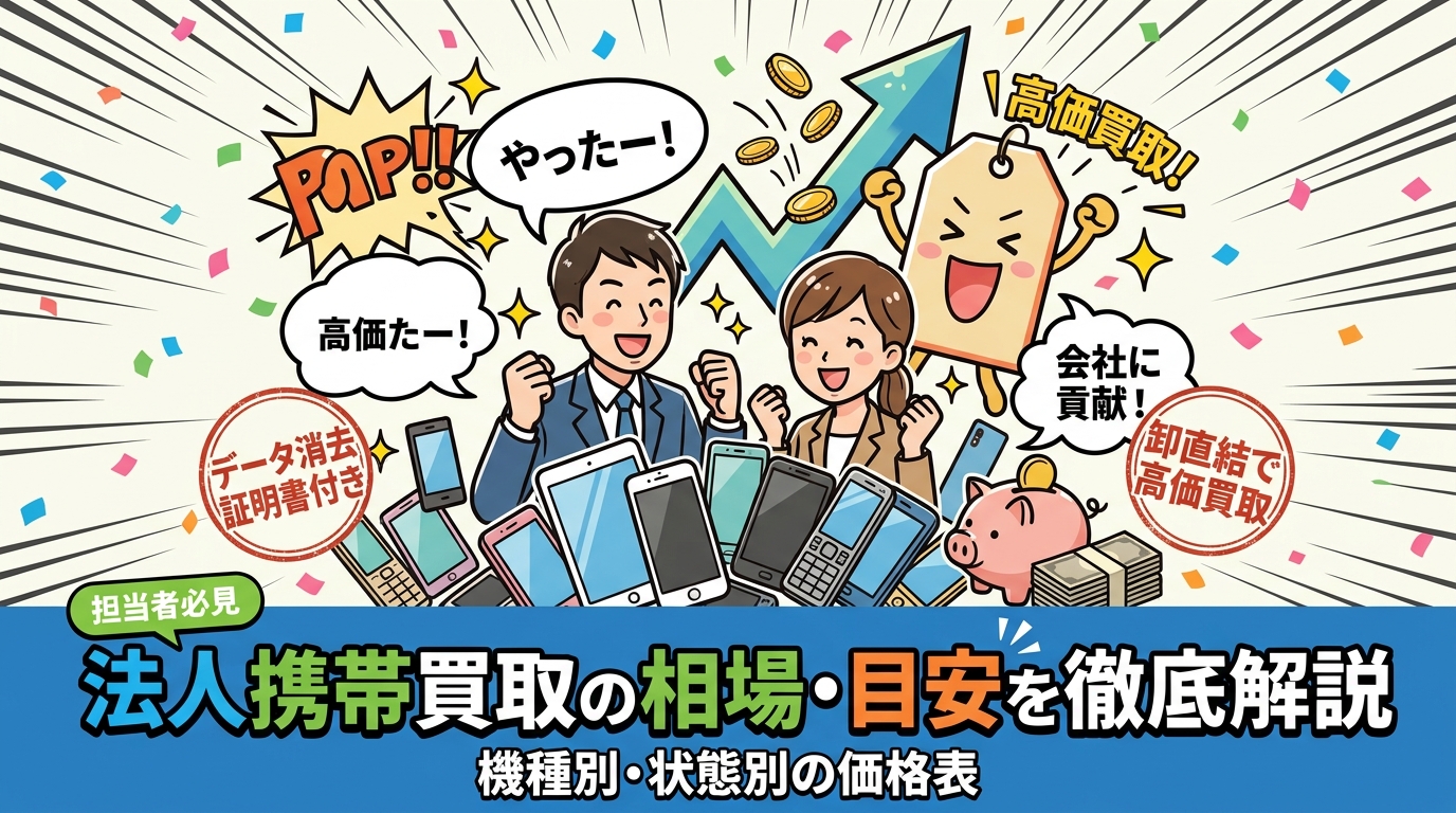 社用携帯の入れ替えを検討中の総務・情シス担当者向けに、法人携帯買取の相場と目安価格を機種別・状態別で解説。データ消去証明書付き・卸直結で高価買取対応。