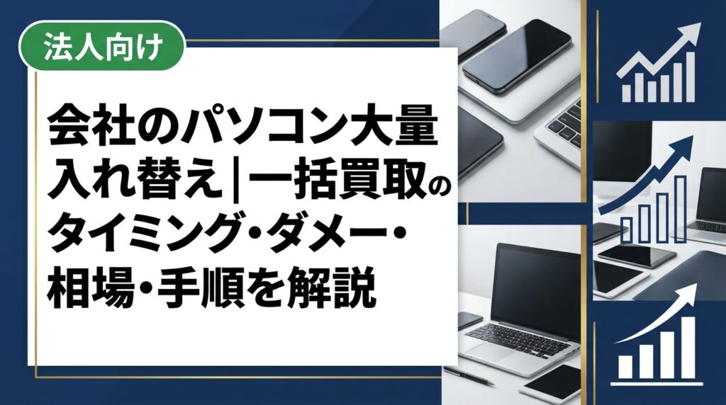 法人のパソコン大量入れ替え時の一括買取について、最適なタイミング・相場の目安・手順・必要書類・注意点を総務・情シス担当者向けに実務的に解説します。データ消去証明書発行・全国対応・大口歓迎。