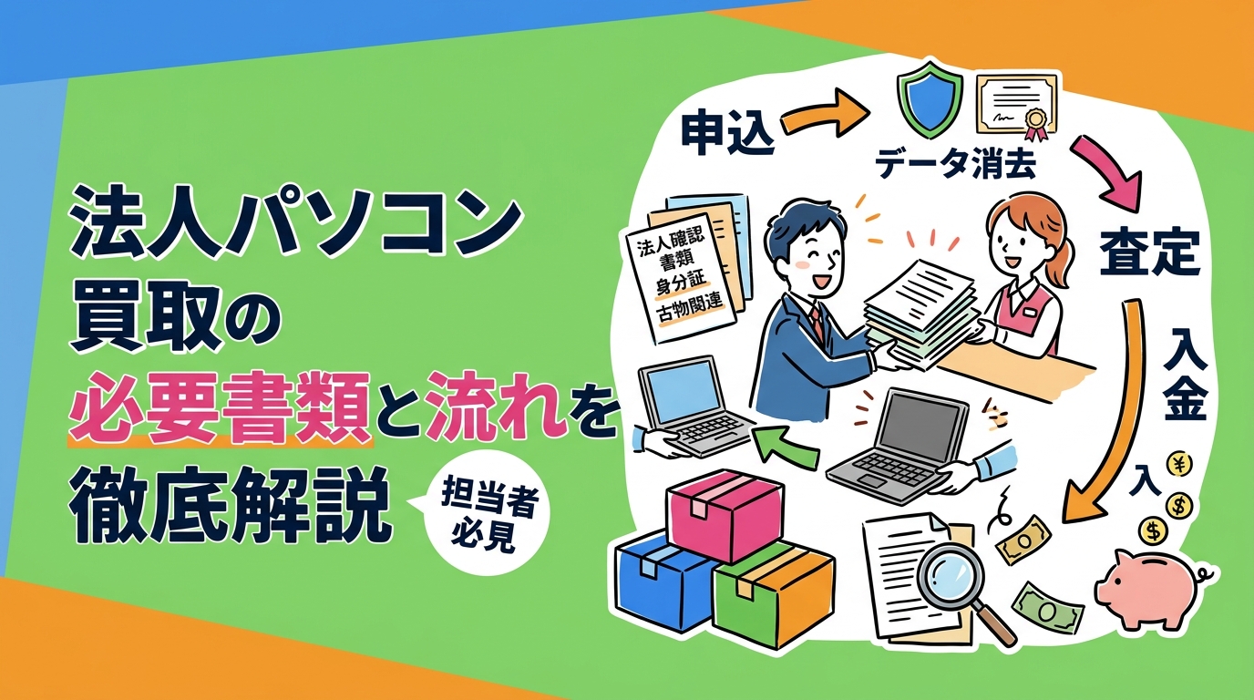 法人としてパソコンを買取依頼する際の必要書類(法人確認書類・身分証・古物関連)と、申込から入金までの流れをステップ形式でわかりやすく解説。データ消去証明書の発行タイミングも明記。