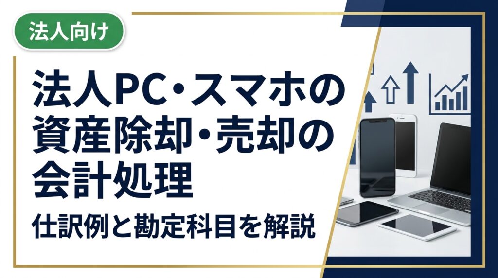 法人がPCやスマホを廃棄・売却する際の会計処理を解説。固定資産除却損・売却益の仕訳例（勘定科目明記）、帳簿価額との差額処理、消費税の扱いまで経理担当者が迷うポイントを網羅。
