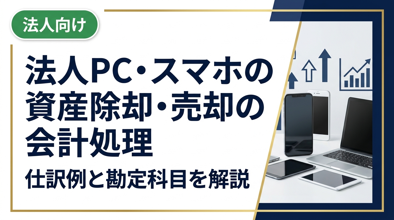 法人がPCやスマホを廃棄・売却する際の会計処理を解説。固定資産除却損・売却益の仕訳例(勘定科目明記)、帳簿価額との差額処理、消費税の扱いまで経理担当者が迷うポイントを網羅。