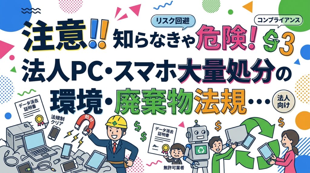 法人がPC・スマホを大量処分する際に関わる廃棄物処理法・資源有効利用促進法などの法規制を総務・コンプライアンス担当向けに解説。無許可業者リスクとデータ消去証明書の重要性も紹介。