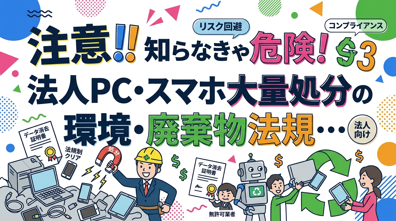法人がPC・スマホを大量処分する際に関わる廃棄物処理法・資源有効利用促進法などの法規制を総務・コンプライアンス担当向けに解説。無許可業者リスクとデータ消去証明書の重要性も紹介。