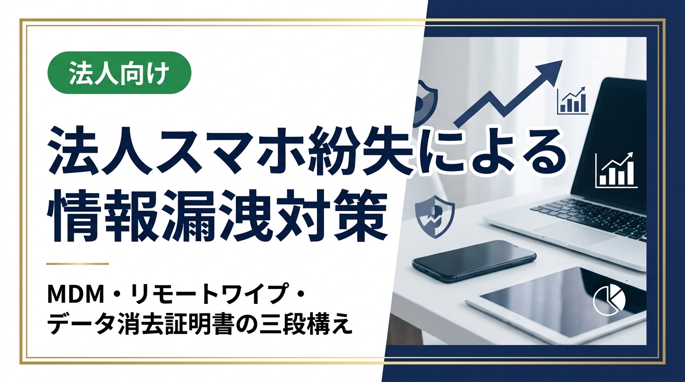 法人スマホを紛失した際の情報漏洩リスクとその対策を解説。MDM導入・リモートワイプ・データ消去証明書の三段構えで、中古端末の買取時にも安全を確保する方法を実務目線で紹介します。