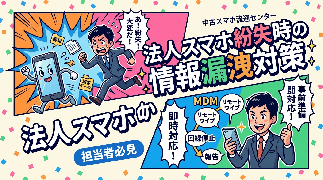 法人スマホを紛失した際の情報漏洩リスクと対策を解説。MDMリモートワイプ・キャリア回線停止・報告の即時手順から、MDM導入・データ消去証明書整備まで情シス・総務担当が押さえるべき実務ポイントをまとめました。