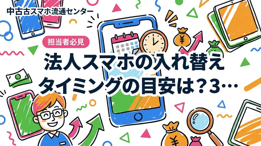 法人スマホの入れ替えタイミングは一般的に3〜4年が目安です。OS更新サポート終了・バッテリー劣化・セキュリティリスクを根拠に、総務・情シス担当が押さえるべき判断基準と中古活用のコスト削減策を解説します。