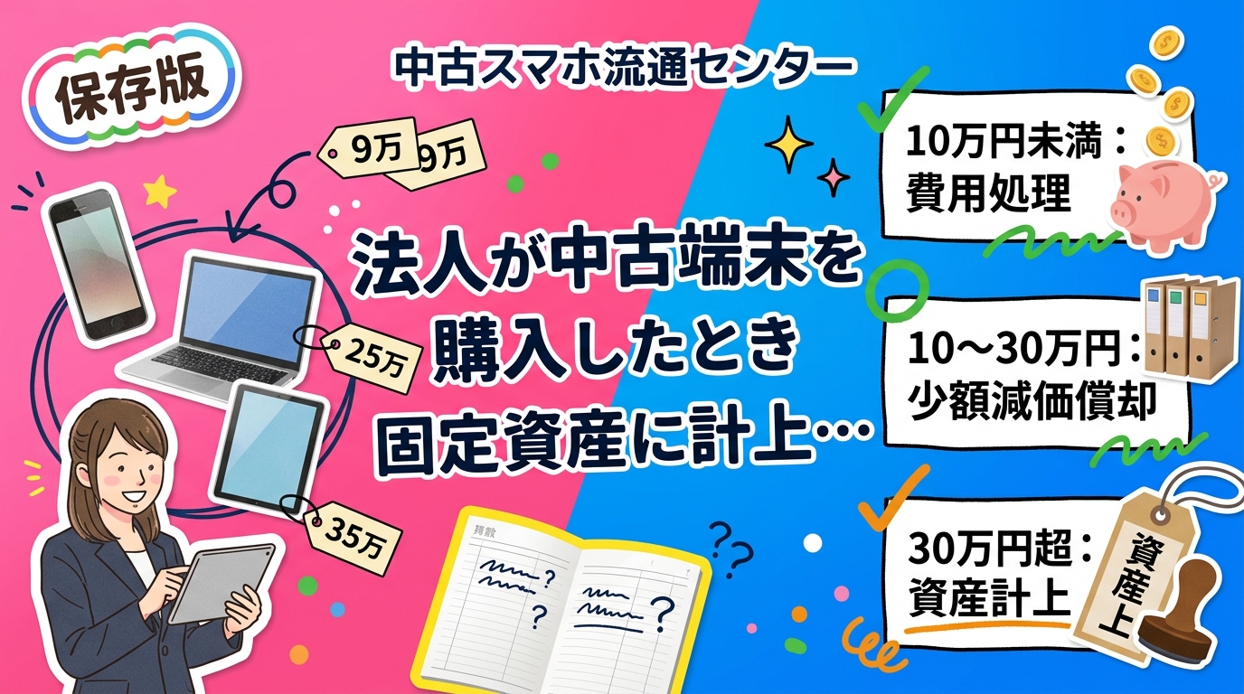 法人が中古スマホ・PCを購入した際の固定資産計上基準を解説。10万円未満は費用処理、10〜30万円は少額減価償却、30万円超は資産計上が原則。中古端末の会計処理で迷う経理・総務担当者向けの実務ガイドです。