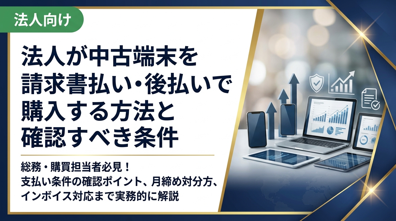 法人で中古スマホ・PCを請求書払い・後払いで購入したい総務・購買担当向けに、支払い条件の確認ポイントや月締め対応の見分け方、インボイス対応まで実務的に解説します。