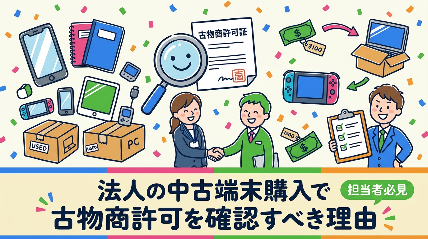 法人が中古スマホ・PCを安全に調達するには古物商許可の確認が必須です。許可業者から買うとトレーサビリティが担保される理由と、信頼できる業者の選び方チェックリストを情シス・購買担当向けに解説します。