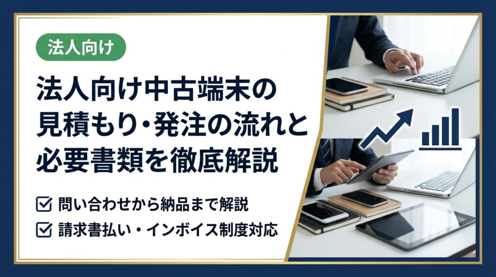 初めて法人で中古端末を大量調達する担当者向けに、問い合わせから納品までの流れ・必要書類・インボイス対応・請求書払いをわかりやすく解説します。