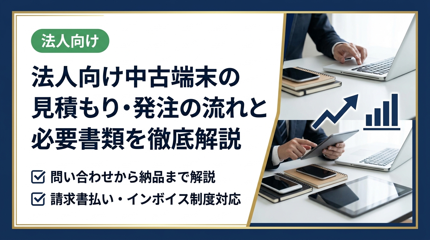 初めて法人で中古端末を大量調達する担当者向けに、問い合わせから納品までの流れ・必要書類・インボイス対応・請求書払いをわかりやすく解説します。
