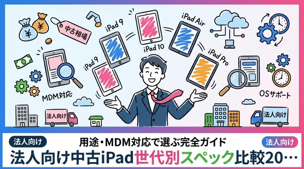 2025年時点で流通する中古iPad第9〜第10世代・Air・Proの法人向けスペック比較。用途別の向き不向き、MDM対応・OSサポート期間、市場相場の目安まで情シス・総務担当が知りたい情報を網羅。