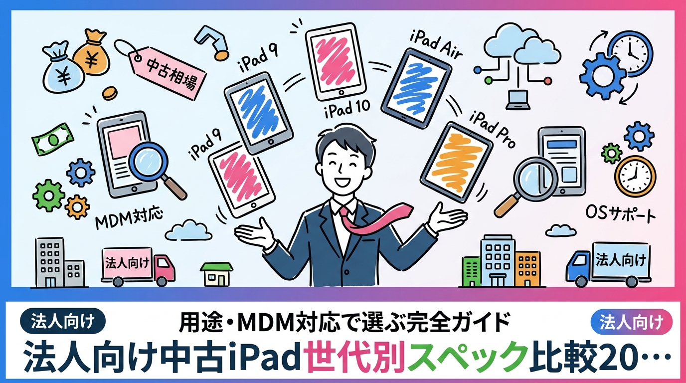2025年時点で流通する中古iPad第9〜第10世代・Air・Proの法人向けスペック比較。用途別の向き不向き、MDM対応・OSサポート期間、市場相場の目安まで情シス・総務担当が知りたい情報を網羅。