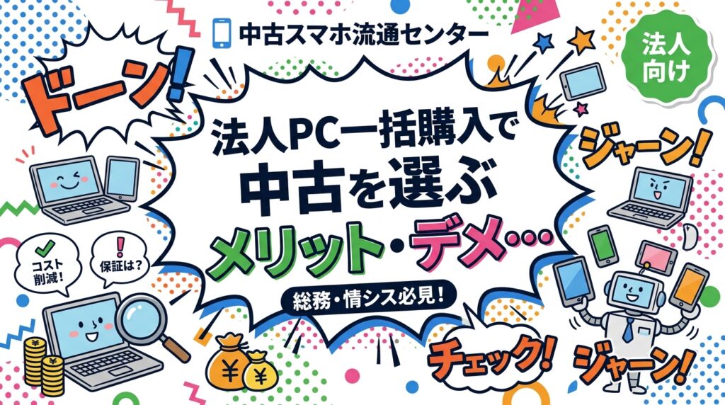 法人が中古PCを一括購入するメリット・デメリットを総務・情シス担当者向けに徹底解説。コスト削減・即納・機種統一のメリットと保証・スペック面のリスク対策まで実務的に紹介します。