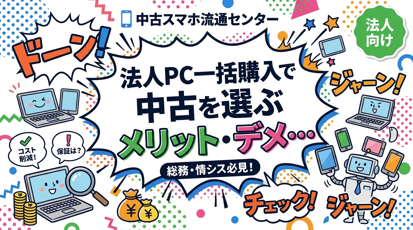 法人が中古PCを一括購入するメリット・デメリットを総務・情シス担当者向けに徹底解説。コスト削減・即納・機種統一のメリットと保証・スペック面のリスク対策まで実務的に紹介します。