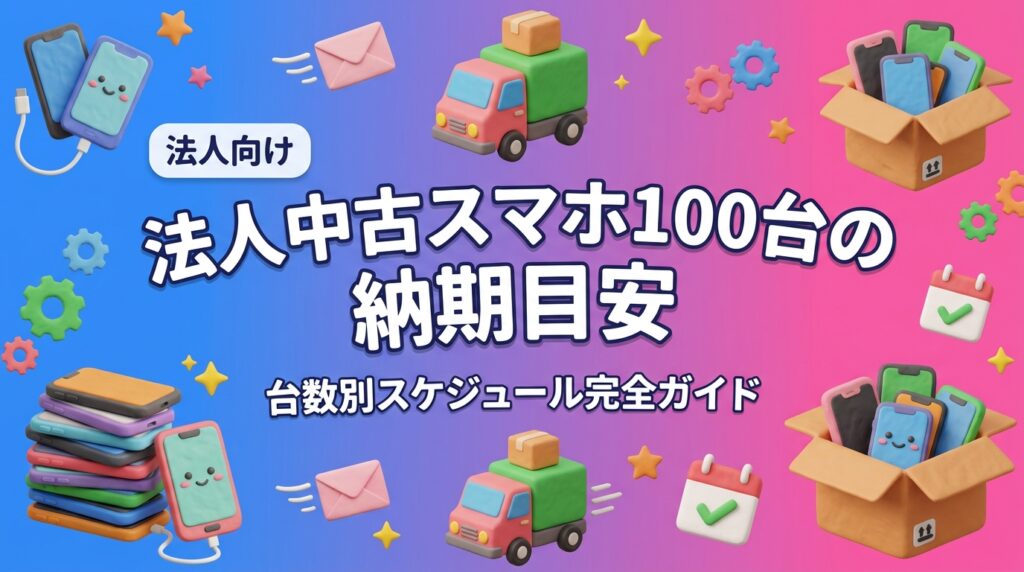 法人で中古スマホを100台調達する際の納期目安を台数別に解説。10台・50台・100台・300台以上の目安日数、キッティング込みの追加日数、発注前チェックリストも紹介。