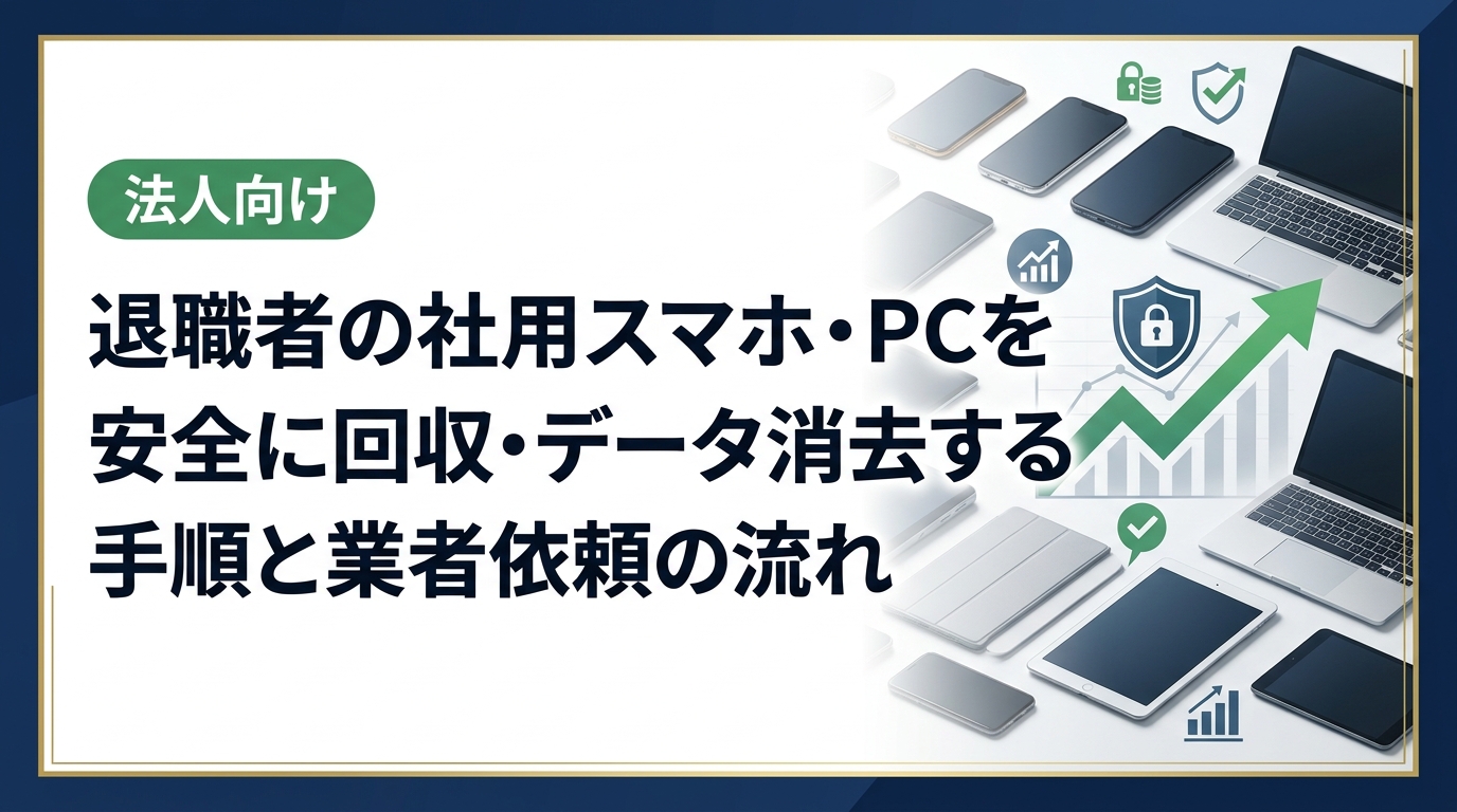 退職者の社用スマホやPCの回収・データ消去に悩む総務・情シス担当者向けに、手順・必要書類・費用目安・注意点を実務的に解説。データ消去証明書発行・高価買取対応の法人専門業者への依頼方法も紹介。