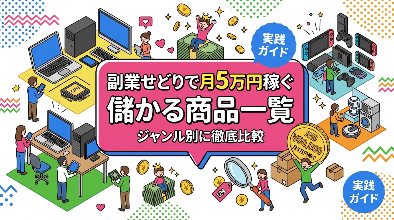 副業せどりで月5万円を目指すなら、回転率・利幅・リスクの3軸でジャンルを選ぶのが鉄則。中古スマホ・PC・ゲーム機など儲かりやすい商品の目安相場と失敗パターンをまとめました。